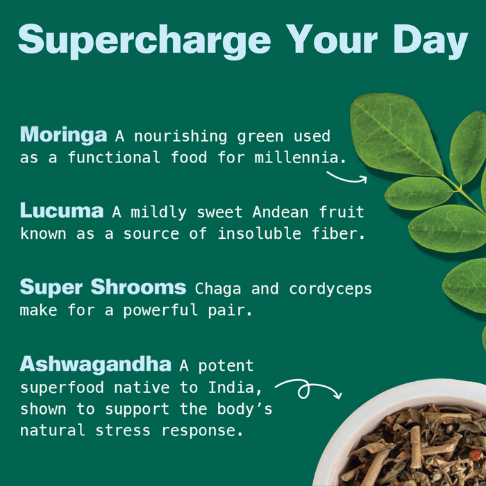 Graphic titled Supercharge Your Day featuring Organic Moringa Green Smoothie + Protein by Kuli Kuli Foods, with moringa greens, plant protein, lucuma, super shrooms, and ashwagandha on a teal background to highlight its superfood energy benefits.