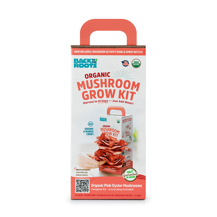 A rectangular box labeled Organic Mushroom Grow Kit - Pink Oyster by Back to the Roots displays gourmet mushrooms. Promising a Harvest in 10 days, it features a QR code, USDA Organic logo for quality assurance, and a convenient carry handle for your non-GMO mushroom adventure.