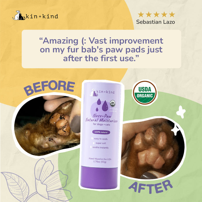 A promotional image for kin+kinds Organic Nose & Paw Moisturizer Stick for Dogs & Cats, a premium grooming product. It shows a dogs paw before and after using the USDA-organic moisturizer, with glowing user feedback praising our commitment to natural pet care.