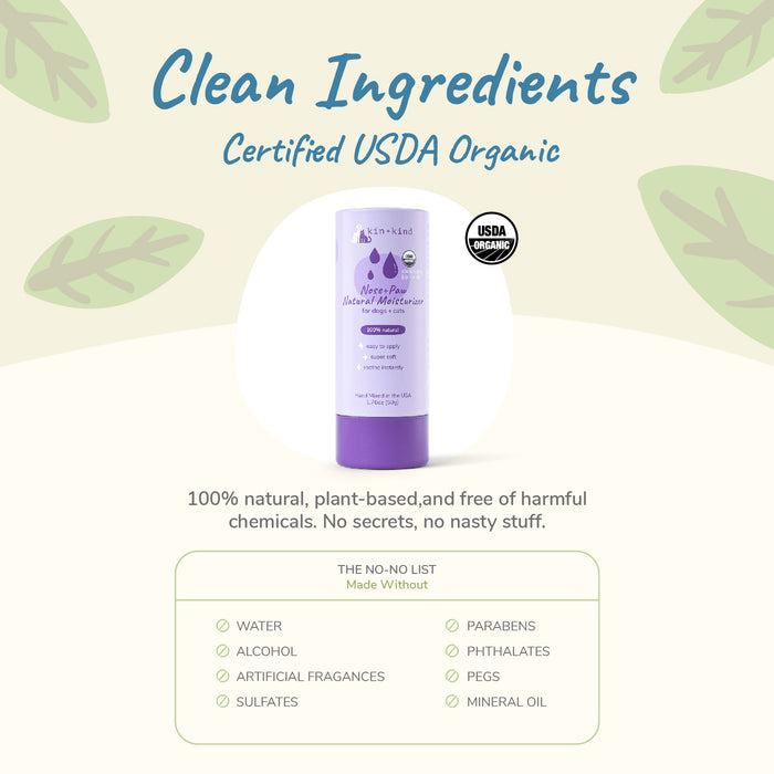 This image features the kin+kind Organic Nose & Paw Moisturizer Stick for Dogs & Cats in elegant purple packaging, emphasizing its clean, organic ingredients and USDA Organic certification, with plant-based components and an excluded ingredients list surrounded by delicate leaf graphics.