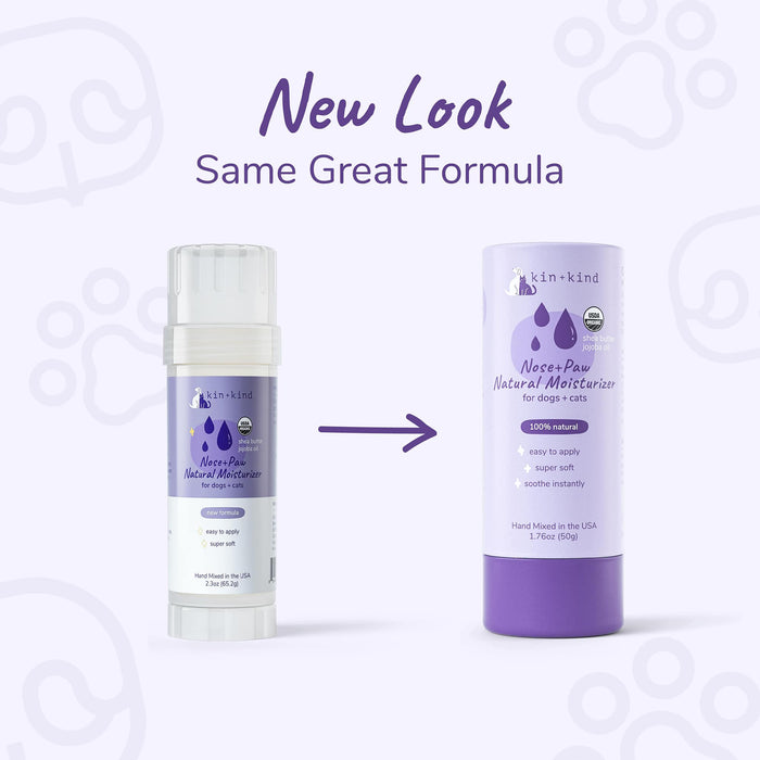 Two product sticks on a light background with paw prints. Left: Previous design of kin+kind Organic Nose & Paw Moisturizer Stick for Dogs & Cats with USDA-organic ingredients. Right: Updated design with purple accents. Text above reads: New Look, Same Great Formula. Arrows point from left to right.
