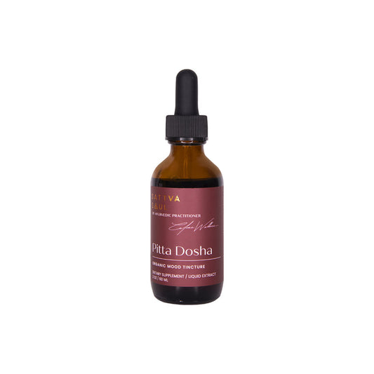 A brown glass dropper bottle labeled Organic Pitta Tincture - Mood Support with red and gold text, branded as Sattva Soul. Contains 2 fl oz of dietary supplement liquid extract.