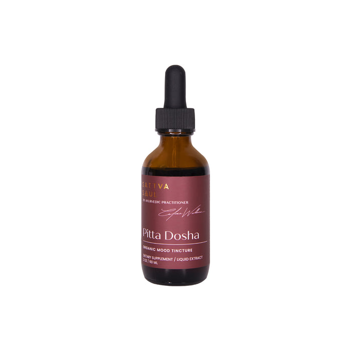A brown glass bottle with a dropper lid, labeled Organic Pitta Tincture - Mood Support from Sattva Soul, 2 fl. oz. The maroon label includes a signature and the title Ayurvedic Practitioner.