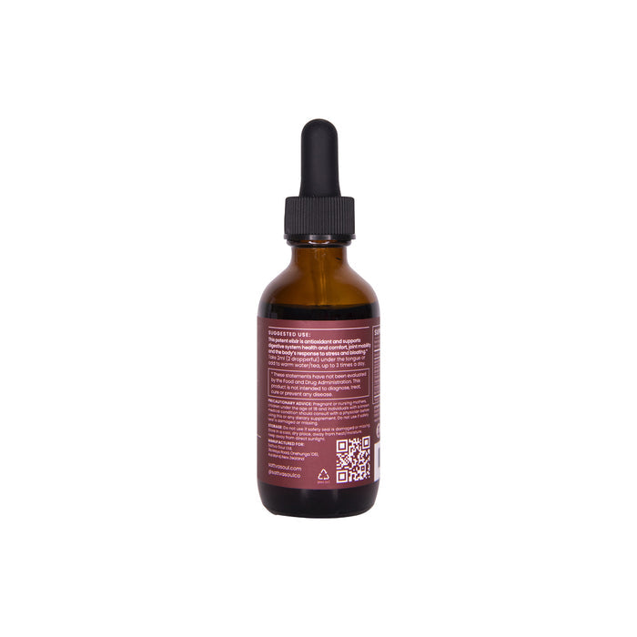 Sattva Souls Organic Pitta Tincture - Mood Support comes in a brown glass dropper bottle with a black cap and features a label with white text for product info and usage instructions. Two QR codes give insights from an Ayurvedic Practitioner on Pitta Dosha Mood Support.