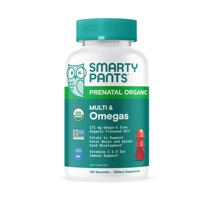 A bottle of SmartyPants Organic Prenatal Multi & Omegas Gummies, featuring 120 gummies formulated for prenatal use. The front label emphasizes organic prenatal vitamins that support brain, spinal cord, and immune health, along with vegetarian omega-3s for comprehensive nourishment.