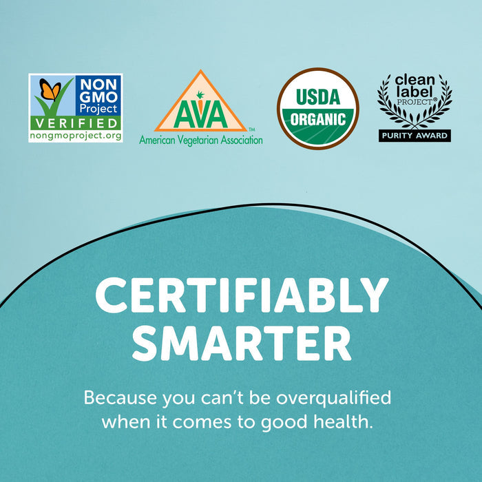 On a teal background, four logos appear: Non-GMO Project Verified, American Vegetarian Association, USDA Organic, and Clean Label Project Purity Award. Below reads: CERTIFIABLY SMARTER with Omega-3 ALA, promoting SmartyPants Organic Prenatal Multi & Omegas Gummies for optimal health.