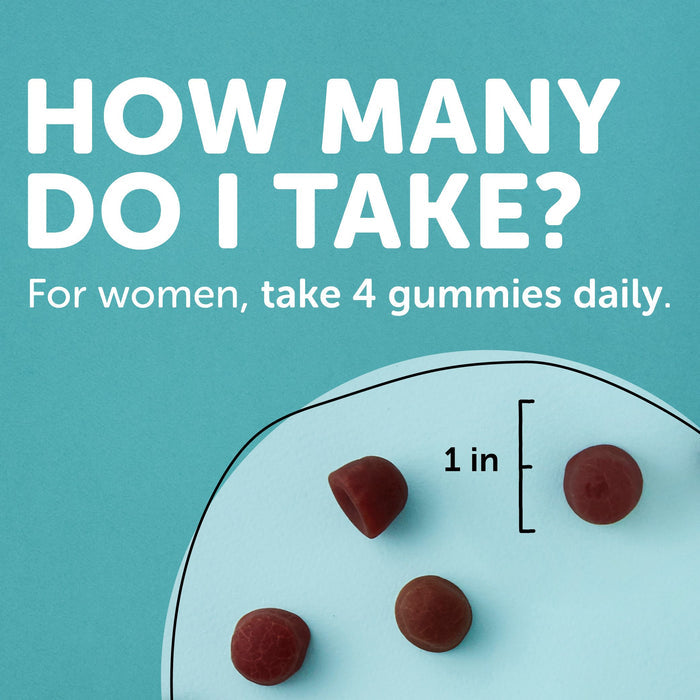 Image shows five small red gummies on a light blue background with a black line indicating 1 inch for size. Text reads, HOW MANY DO I TAKE? Women should take 4 gummies daily. These Organic Prenatal Multi & Omegas Gummies by SmartyPants are enriched with Methylfolate to support your nutrition.
