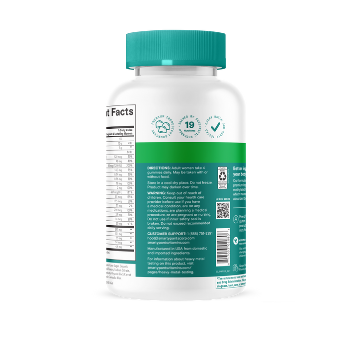 A white bottle of SmartyPants Organic Prenatal Multi & Omegas Gummies with a teal cap shows directions, warnings, and customer support details on its back label. Above the text are icons for gluten-free certification, 19 ingredients, and multi-benefit support, making it an excellent option for those seeking organic prenatal vitamins or an omega-3 supplement during pregnancy.