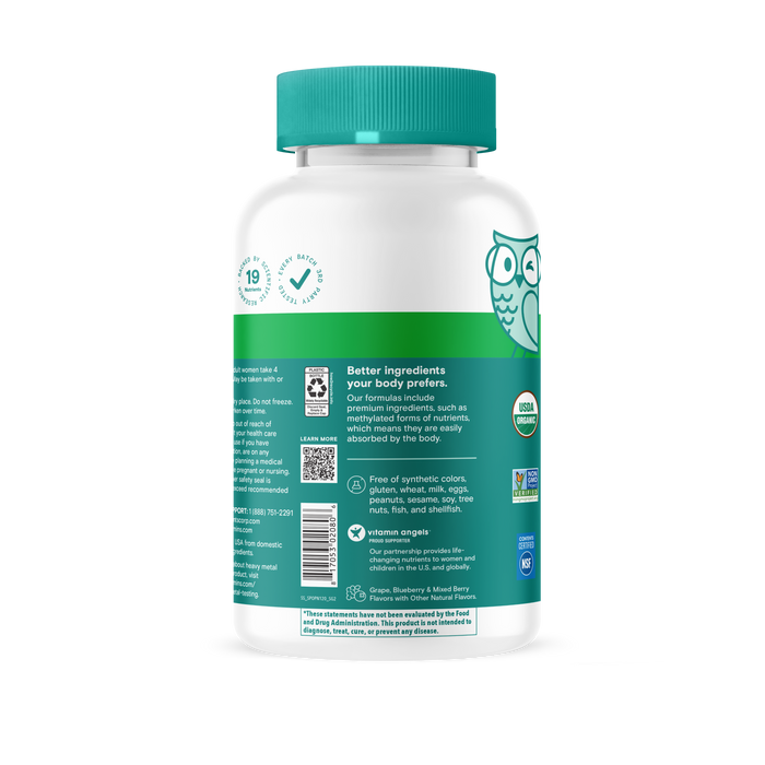 A white and green bottle of SmartyPants Organic Prenatal Multi & Omegas Gummies, decorated with an owl graphic, displays multiple certifications and text emphasizing its natural ingredients and benefits as an organic prenatal vitamins formula, set against a light gray background.