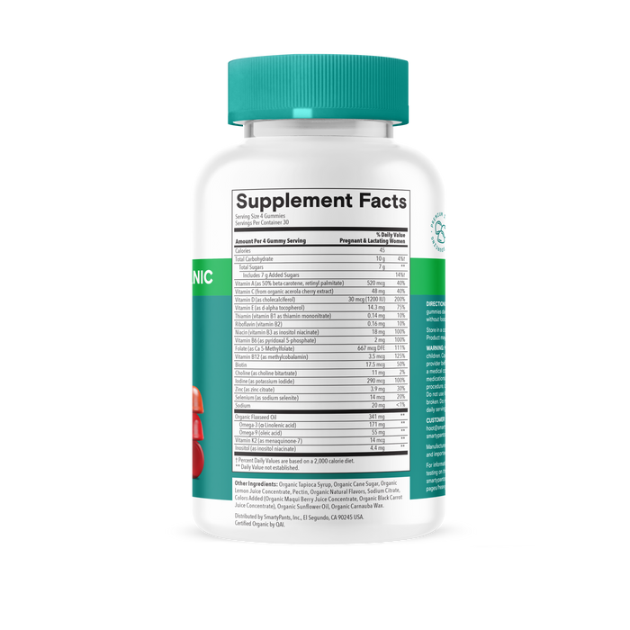 A white bottle of SmartyPants Organic Prenatal Multi & Omegas Gummies, featuring a turquoise cap, displays the Supplement Facts and nutrition details on its back label. Designed for expectant mothers, this bottle stands upright against a plain white background.