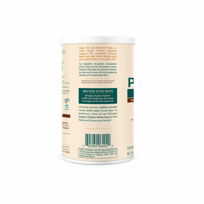 The image shows the back of a cylindrical Himalaya container filled with Organic Psyllium Husk Powder, celebrated in Ayurvedic science. It features product details, a barcode, and manufacturing info. The cream-colored container is stylishly accented with green and brown text.
