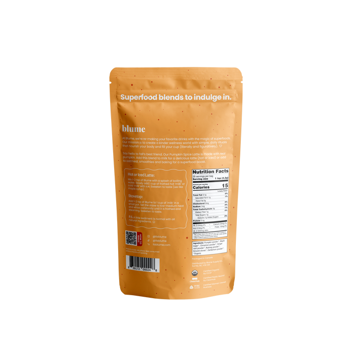 An orange package of blumes Organic Pumpkin Spice Latte Powder showcases Superfood blends to indulge in, such as matcha and organic pumpkin. It features a QR code, recycling symbol, and nutrition facts indicating just 15 calories per serving.