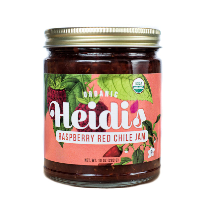 10 oz glass jar of USDA certified organic, low sugar Heidi's raspberry red chile jam