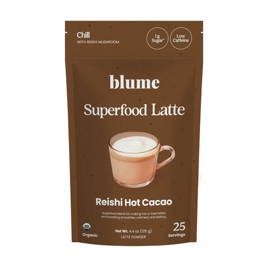 A brown pouch of blume Organic Reishi Hot Cacao Latte Powder features a mug of foamy hot chocolate. This adaptogen-rich mix offers Chill, 1g sugar, low caffeine, and contains 25 servings per package.