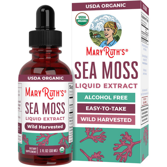 MaryRuth’s Organic Sea Moss Liquid Drops come in a bottle and box with illustrations of sea moss and a woman, featuring USDA Organic, Wild Harvested Irish Moss (Chondrus crispus), Alcohol Free, and Easy-To-Take.