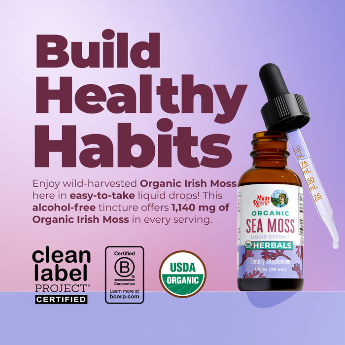 A bottle of MaryRuth's Organic Sea Moss Liquid Drops with a dropper of purple liquid, featuring 1,140 mg Organic Irish Moss (Chondrus crispus) per serving and certifications: Clean Label Project, USDA Organic, and B Corp.