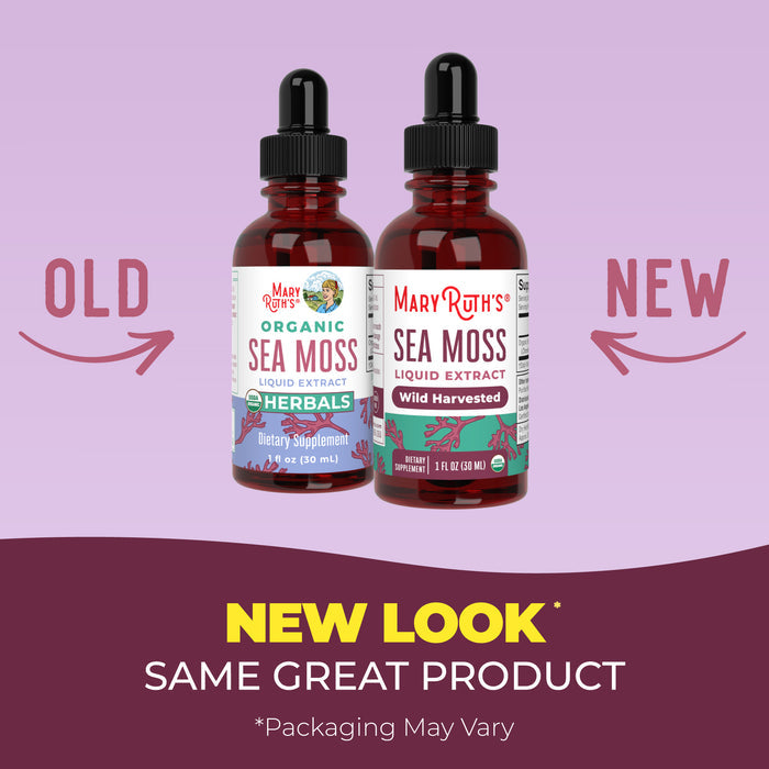 Two bottles of MaryRuth’s Organic Sea Moss Liquid Drops on a purple background; the left says old, the right says new. Text below reads: New look, same great Organic Sea Moss Liquid Drops. *Packaging may vary.
