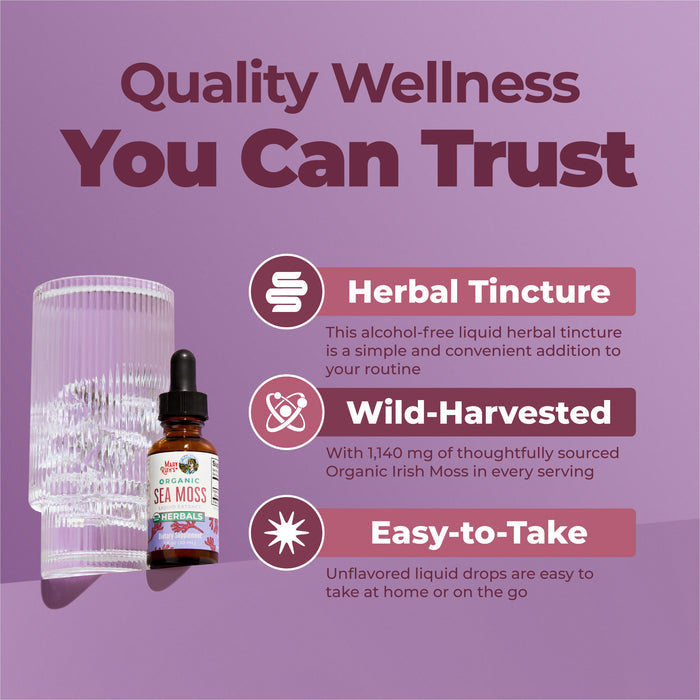 A glass and a dropper bottle of MaryRuth's Organic Sea Moss Liquid Drops sit on a pink background with the text "Quality Wellness You Can Trust," showcasing this wild-harvested, organic Chondrus crispus tincture that's easy to take.