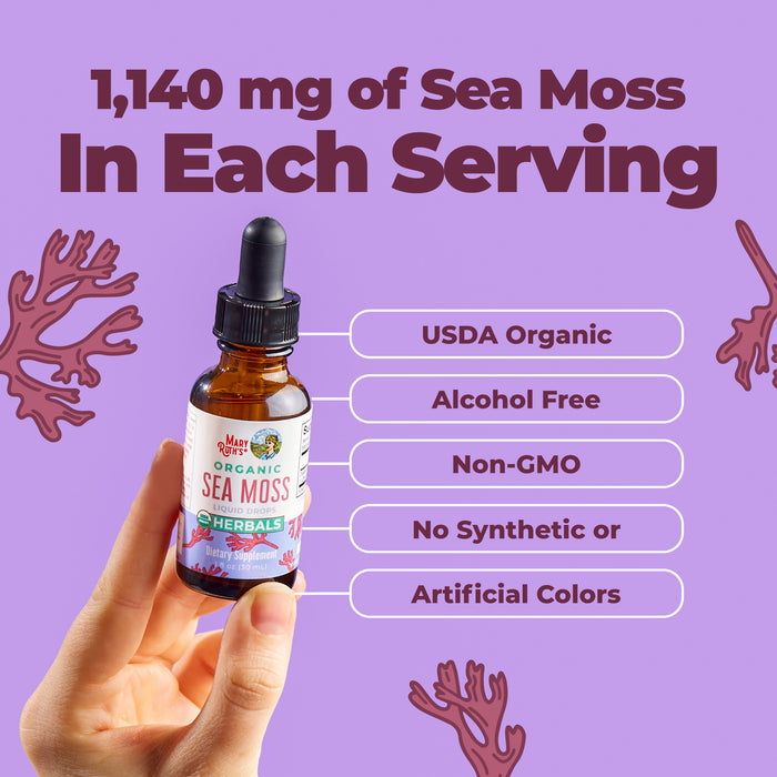 A hand holds a bottle of MaryRuth’s Organic Sea Moss Liquid Drops. Text above notes 1,140 mg Chondrus crispus per serving. Features include USDA Organic, Alcohol Free, Non-GMO, and No Synthetic Colors. Coral graphics appear in the background.