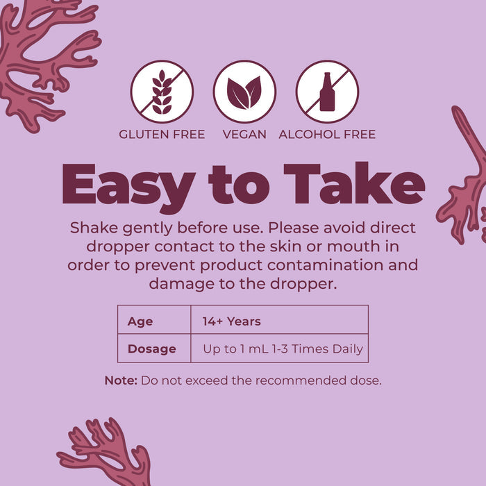 An instruction label with icons for gluten free, vegan, and alcohol free. Text details MaryRuth's Organic Sea Moss Liquid Drops (Chondrus crispus), for ages 14+, up to 1 mL 1–3 times daily, plus usage and safety notes. Coral accents decorate the corners.