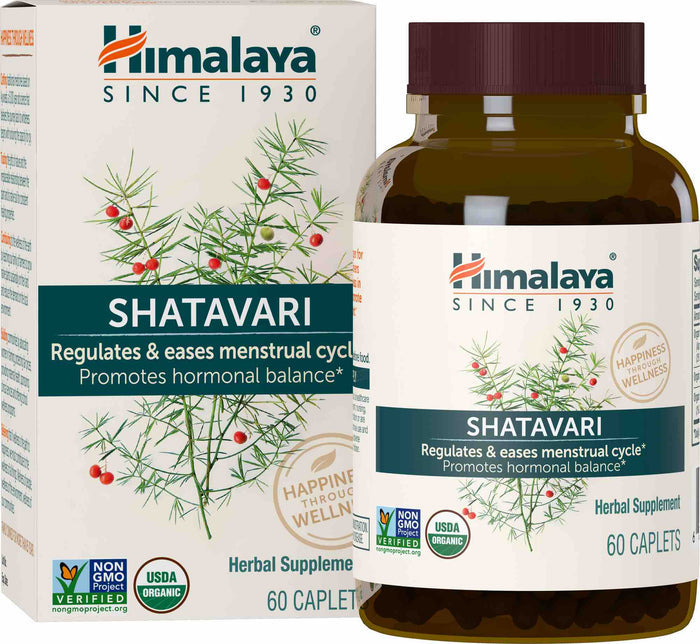 A bottle of Himalaya Organic Shatavari supplements, with a plant graphic and non-GMO, USDA organic badges, supports hormonal balance during menopause and regulates menstrual cycles. Contains 60 caplets.