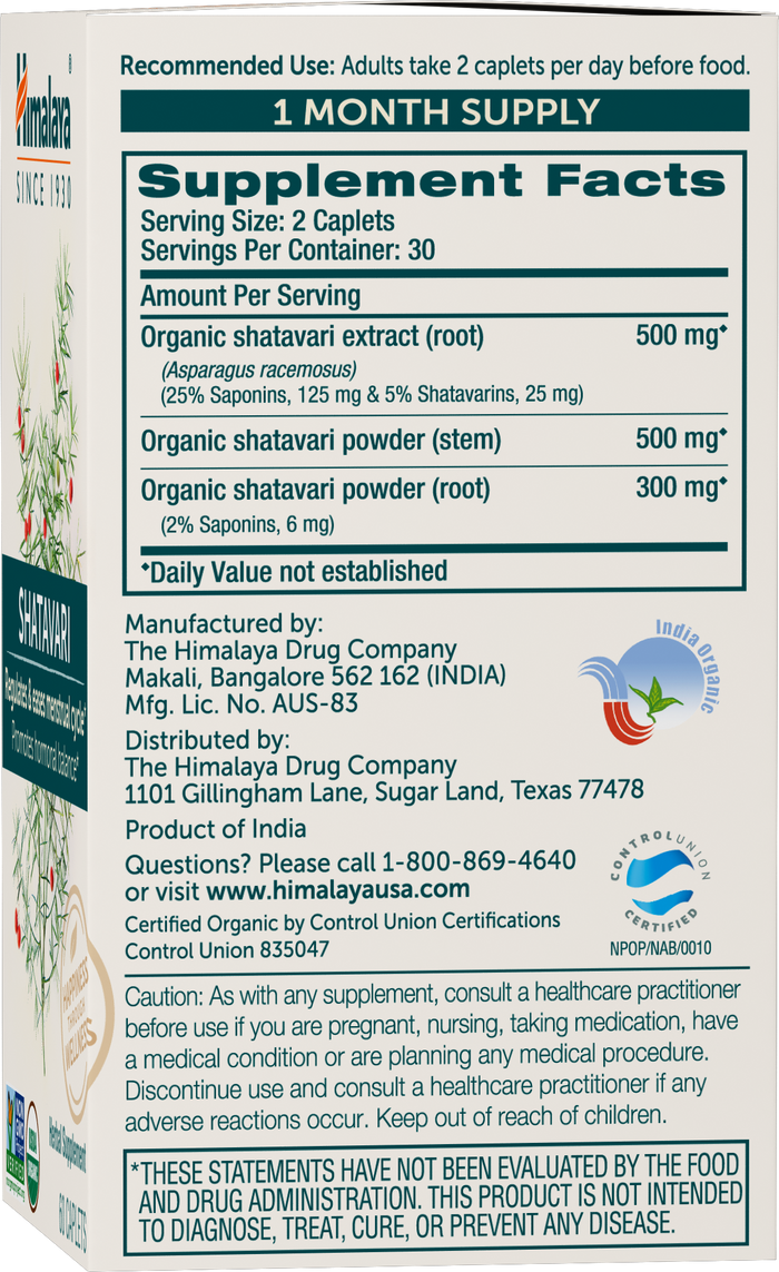 The image features the supplement facts label for Organic Shatavari by Himalaya, detailing serving size, ingredients, and usage guidelines for hormonal balance. It also includes various certifications, contact information, and an FDA evaluation disclaimer.