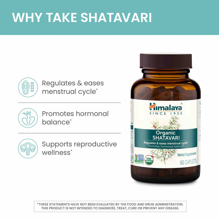 Image of a bottle of Himalaya Organic Shatavari caplets. Text on the image highlights benefits: regulates menstrual cycle, promotes hormonal balance, supports reproductive wellness. A note states the claims are not evaluated by the FDA.