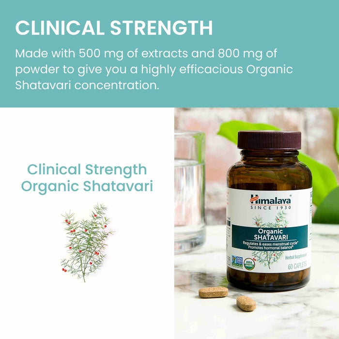 Image of a product ad for Organic Shatavari capsules. The text highlights "Clinical Strength" with 500 mg of extracts and 800 mg of powder. A bottle of capsules is placed on a table next to a glass of water, set against a blurred natural background.