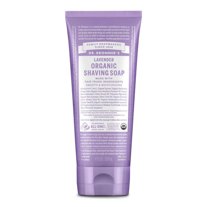 Dr. Bronner’s Organic Shaving Soap, 7 fl oz (207 mL), features a purple label and is made with organic, fair trade ingredients and pure castile soap for a gentle, moisturizing shave.