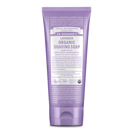 Dr. Bronner’s Organic Shaving Soap, 7 fl oz (207 mL), features a purple label and is made with organic, fair trade ingredients and pure castile soap for a gentle, moisturizing shave.