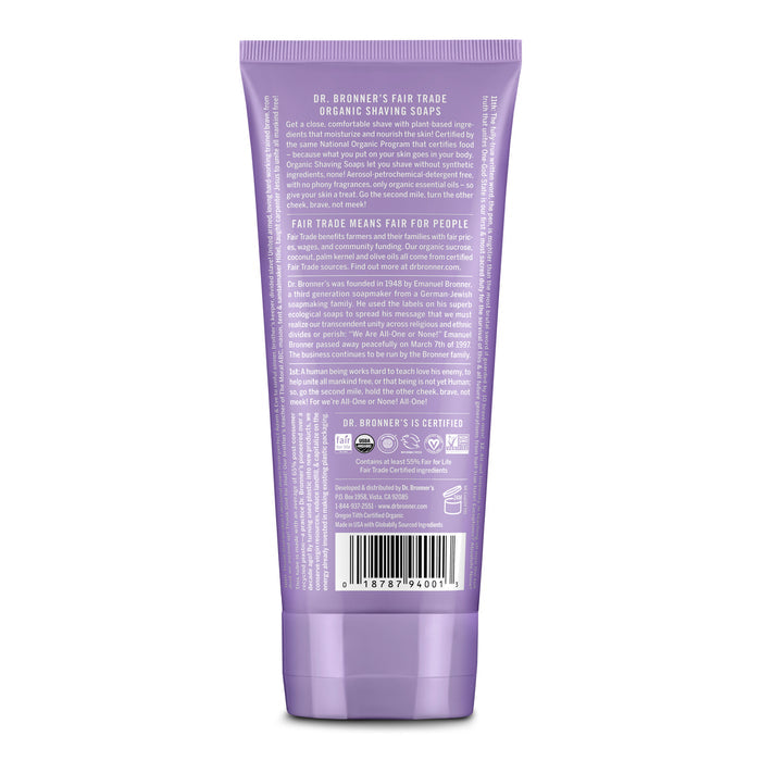 Back view of a purple Dr. Bronners Organic Shaving Soap tube showing product info, usage directions, organic castile soap certifications, and a barcode at the bottom.