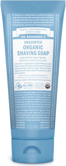 Dr. Bronners Organic Shaving Soap in a blue tube (7 fl oz) features a smooth, moisturizing formula with organic and certified fair trade ingredients, perfect for sensitive skin.