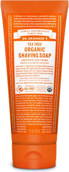 Dr. Bronners Organic Shaving Soap, a 7 fl oz (207 mL) orange tube, features organic ingredients and fair trade certification for a moisturizing shave and smooth experience with quality care.