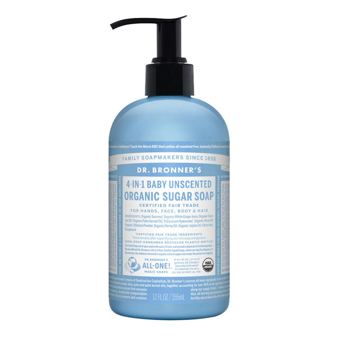 A blue bottle of Dr. Bronners Organic Sugar Soap, featuring a black pump, highlights its use for hands, face, body, and hair. Certified fair trade and organic, this baby-safe soap offers a cruelty-free formula without any scent.