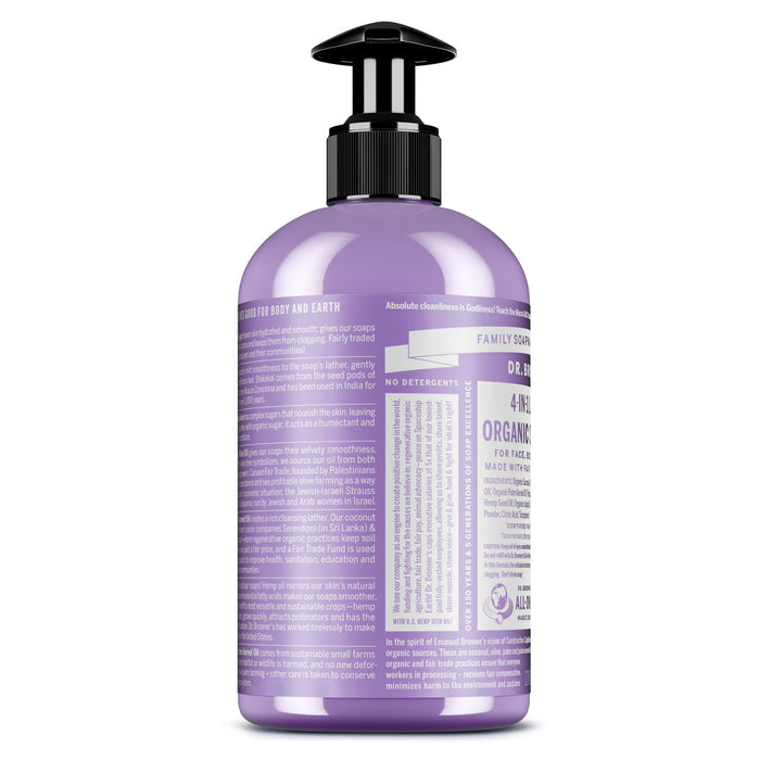 A purple bottle of Dr. Bronners Organic Sugar Soap with a black pump, shown from the back, displays product information and ingredients for this cruelty-free formula on the label.