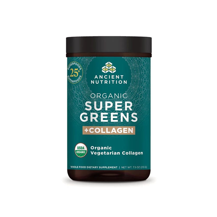 A 7.5 oz (213 g) green container of Ancient Nutritions Organic Super Greens + Collagen highlights USDA Organic status and vegetarian collagen to support digestion, with a 25-serving badge included.
