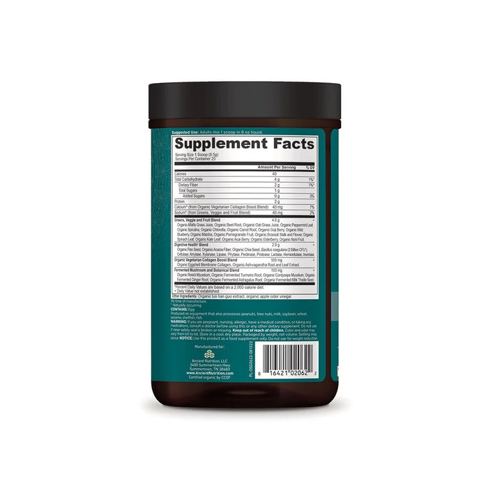 A jar with a brown lid features a green label displaying supplement facts and ingredients, including nutrients and Organic SuperGreens. The container contains Ancient Nutritions Organic Super Greens + Collagen, likely designed to enhance digestive function.