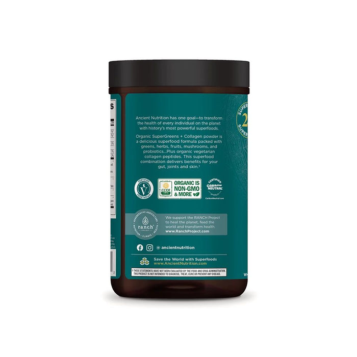 The image shows the back of a dark container of Organic Super Greens + Collagen by Ancient Nutrition. The label highlights USDA Organic and Non-GMO certifications, lists ingredients, discusses digestive benefits, and features logos with a website at the bottom.