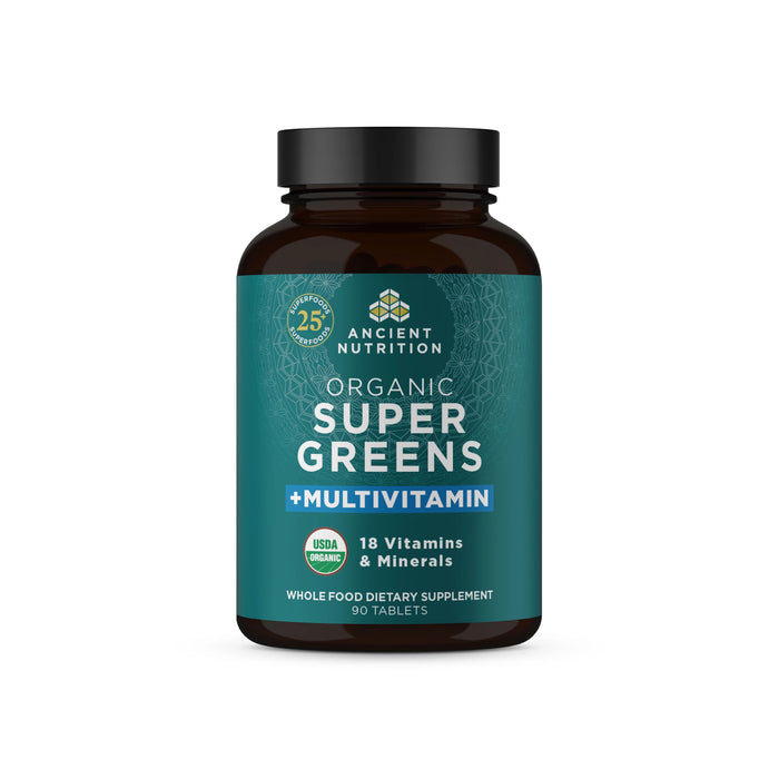 A dark bottle featuring the name Organic Super Greens + Multivitamins from Ancient Nutrition displays 25+ Superfoods and 18 Vitamins & Minerals. Its green label, accented with white and blue text, highlights USDA Organic and Non-GMO Project Verified logos, supporting healthy digestive function.
