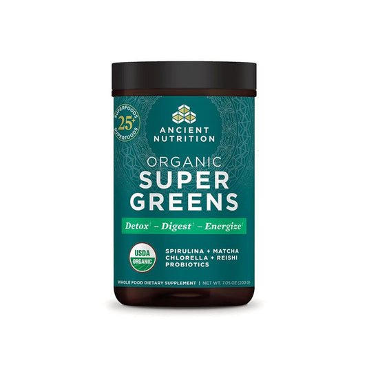 Ancient Nutritions Organic Super Greens is packed with organic superfoods like spirulina, matcha, chlorella, and reishi probiotics for gut health. It promotes detoxification, digestion, and energy. USDA organic certified with a net weight of 7.05 oz (200 g).