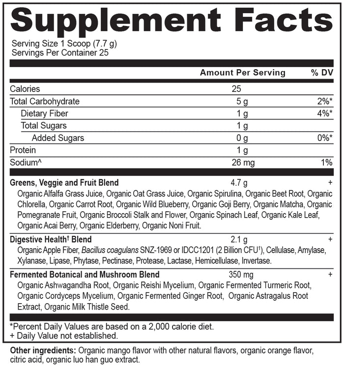 Black and white label showing supplement facts for a product. Details include serving size, calories, carbohydrate, sodium content, and descriptions of ingredient blends like Greens, Vegetable and Fruit Blend, Digestive Health Blend, and others.