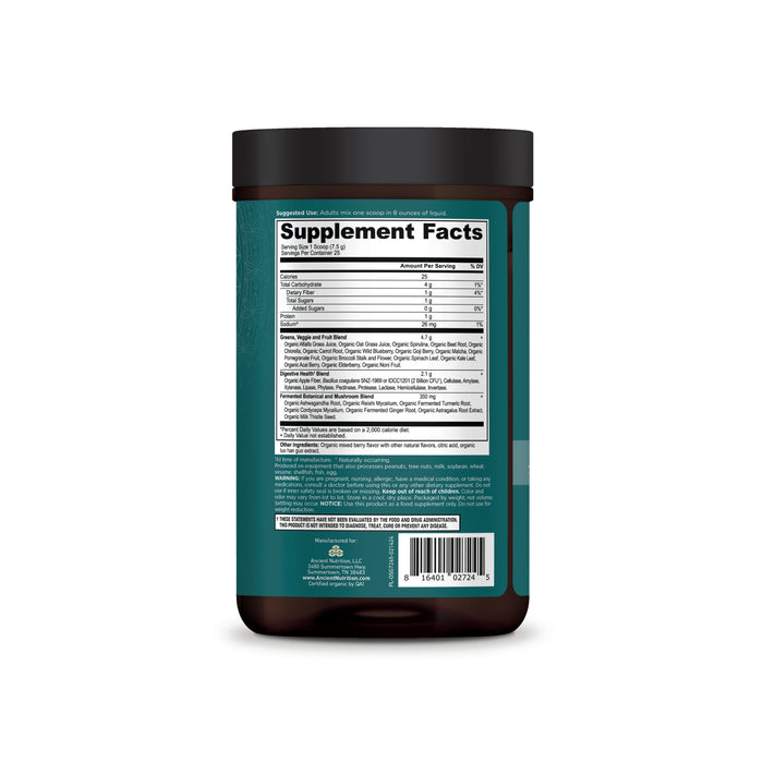 A brown container labeled in turquoise displays supplement facts for Organic Super Greens by Ancient Nutrition. The label includes detoxification details and ingredients in a white, rectangular table on a plain white background.