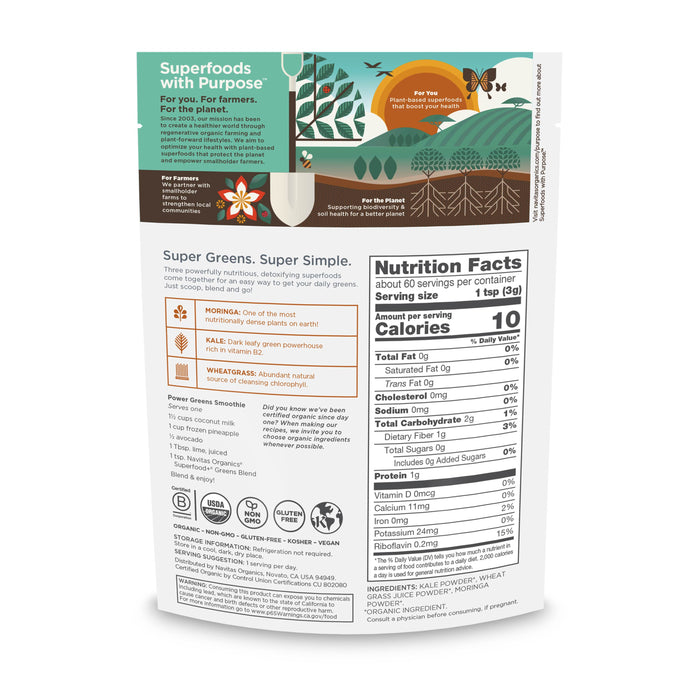 The back of Navitas Organics’ Organic Superfood+ Greens Blend package displays nutritional facts, ingredients like kale and moringa, and vegan, gluten-free, non-GMO icons. It features illustrations highlighting farming benefits and environmental care.