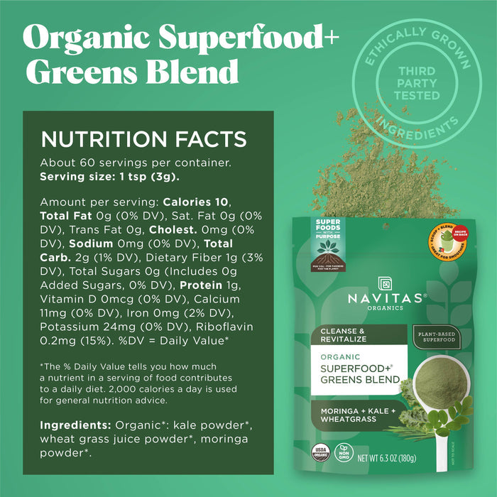 Green packaging of Navitas Organics Superfood+ Greens Blend with nutrition facts: 10 calories per serving, 1g protein, 2g carbs. Ingredients include organic kale, wheatgrass, and moringa. Contains a certification seal for ethically grown ingredients.