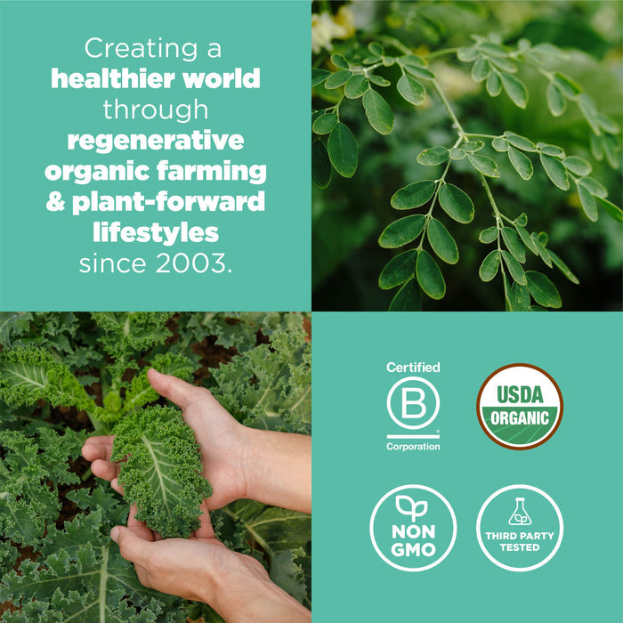 Split image with text and visuals. Left: Green text showcases a mission for regenerative organic farming and plant-forward lifestyles since 2003. Right: Photos of leafy greens. Bottom: Certification logos – B Corp, USDA Organic, Non-GMO, Third Party Tested.