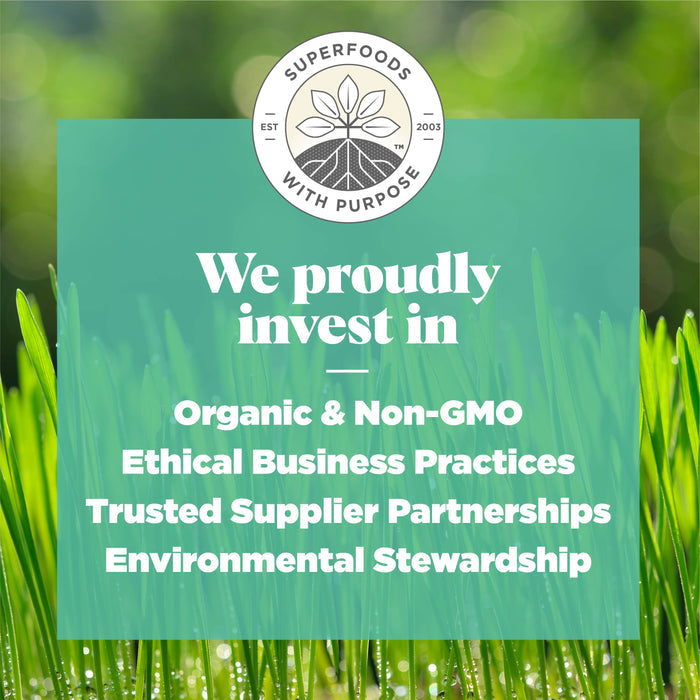 A green poster with the text "We proudly invest in Organic &amp; Non-GMO, Ethical Business Practices, Trusted Supplier Partnerships, Environmental Stewardship." The top has a logo with "Superfoods with Purpose" and leaves in a circle.