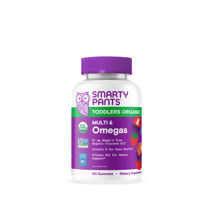 A bottle of SmartyPants Organic Toddler Formula featuring a white label, purple cap, and fruit illustrations. The packaging prominently displays the USDA organic certification and highlights essential vitamins, making it an excellent choice for parents seeking organic nutrition for their toddlers.