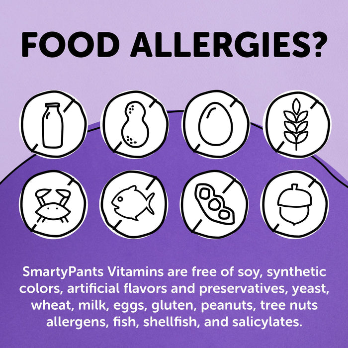 A purple graphic asks Food Allergies? with icons for milk, peanuts, and more, all without symbols over them. Enjoy peace of mind with SmartyPants Organic Toddler Formula, free from these allergens and perfect for sensitive diets.