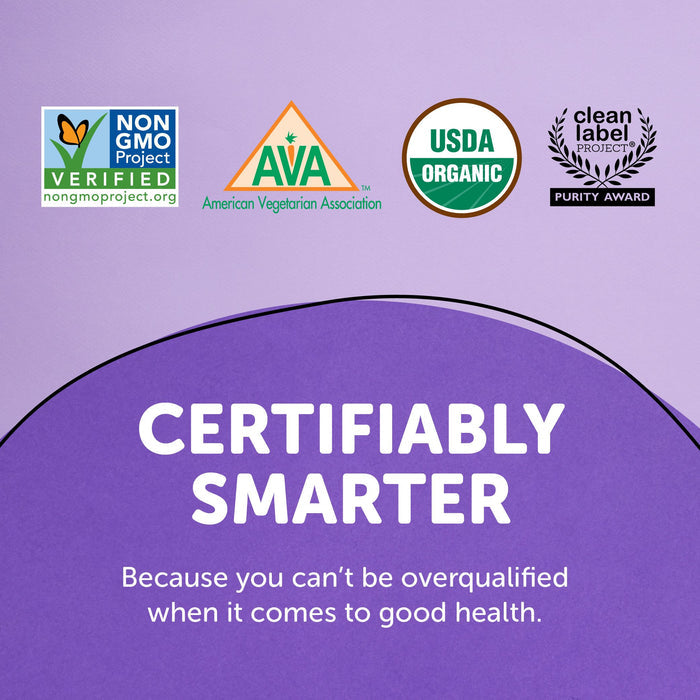 A purple background features certification logos: Non-GMO Project Verified, American Vegetarian Association, USDA Organic, and Clean Label Project Purity Award. The text states, CERTIFIABLY SMARTER with SmartyPants Organic Toddler Formula. Because you cant be overqualified for good health.