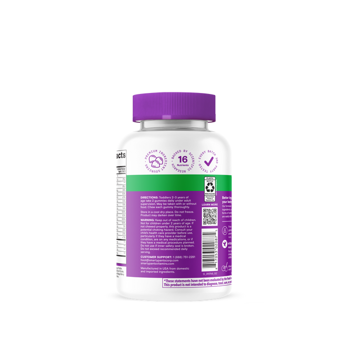 A white bottle with a purple cap and label features supplement directions, symbols, and customer support details. The text provides dosage instructions and product information for SmartyPants Organic Toddler Formula, making it easy for parents to support their child’s wellness with this quality toddler supplement.